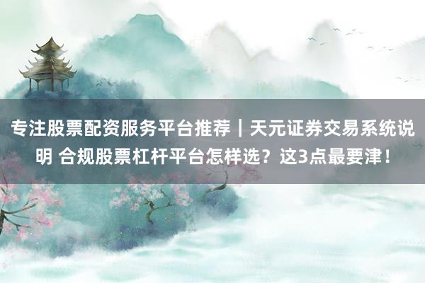 专注股票配资服务平台推荐｜天元证券交易系统说明 合规股票杠杆平台怎样选？这3点最要津！