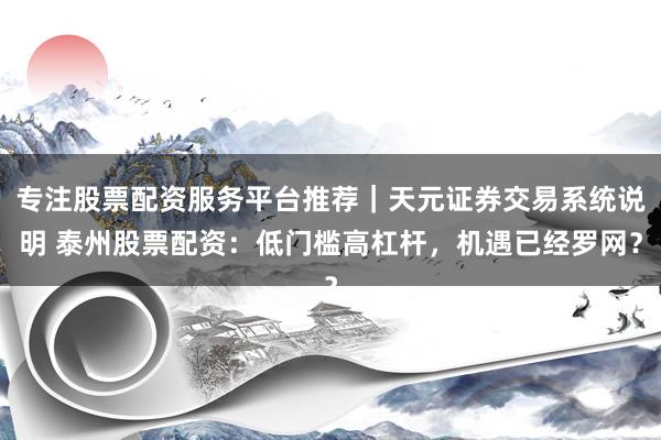专注股票配资服务平台推荐｜天元证券交易系统说明 泰州股票配资：低门槛高杠杆，机遇已经罗网？